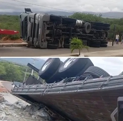 Caminhão carregado com argamassa tomba em Dom Basílio; ocupantes têm ferimentos leves