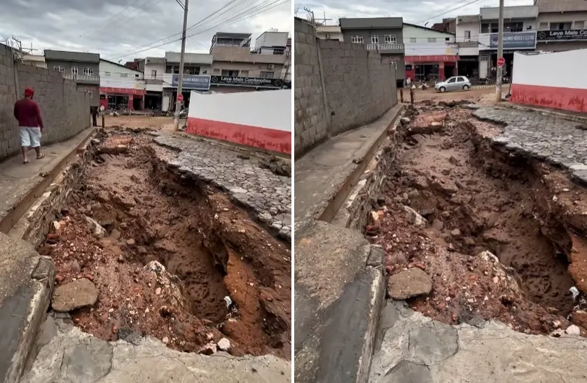 Cratera no Centro de Macaúbas assusta moradores após forte temporal