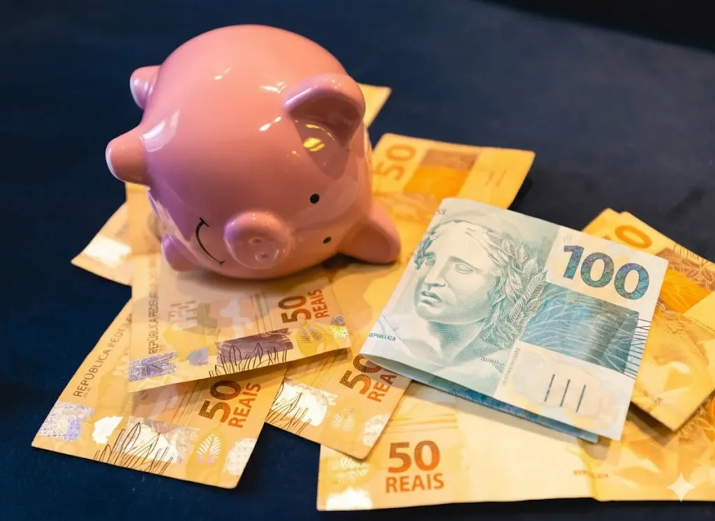 Porquinho de cerâmica rosa sobre notas de 50 e 100 reais, simbolizando economia e faturamento de renda extra.