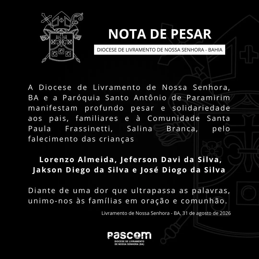 Diocese de Livramento de Nossa Senhora manifesta pesar pela morte de quatro crianças em Paramirim