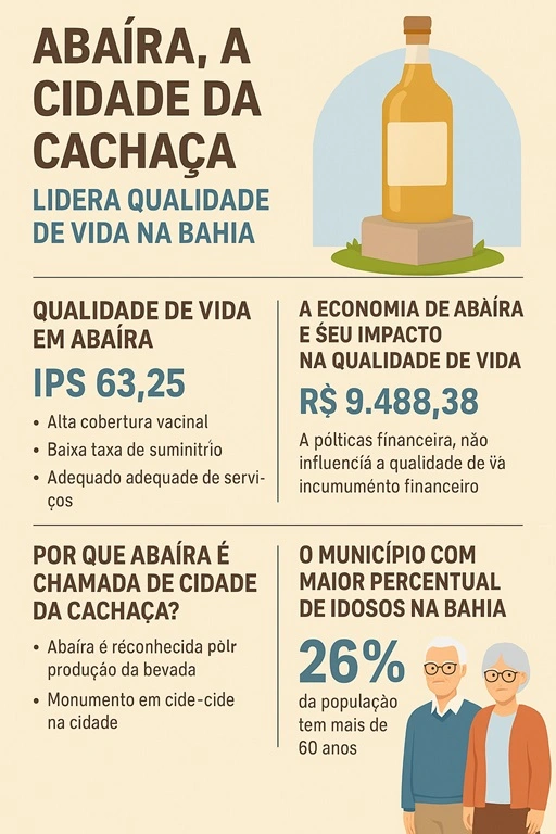 Infográfico ilustrativo sobre Abaíra, Bahia, destacando seu Índice de Progresso Social, produção de cachaça e porcentagem de idosos na população.