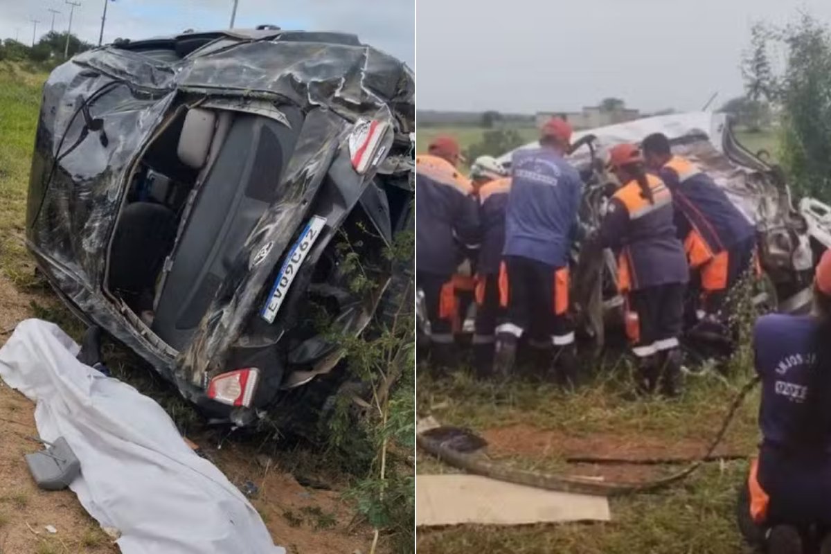 Imagem de um carro acidentado com danos graves após uma colisão na Bahia. Equipes de resgate atuam no local.
